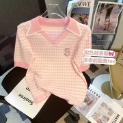 粉色条纹亮片短袖T恤女夏季设计感气质宽松针织衫韩版ins减龄上衣