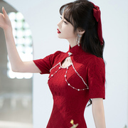 红色敬酒服旗袍，2023新娘中式订婚连衣裙，高级感礼服日常可穿夏
