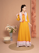 野人小饰印度服饰女连衣裙，2件套含马夹绵绸印花薄款黄色长裙