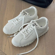 诗歌兰女鞋纯色，低跟浅口小白鞋女2024春季韩版真皮系带德训鞋