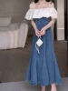 韩国ulzzang夏季法式气质时尚，一字领露肩，拼接牛仔吊带连衣裙