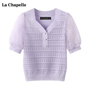 拉夏贝尔lachapelle镂空蕾丝，拼接针织衫女夏泡泡，袖v领上衣