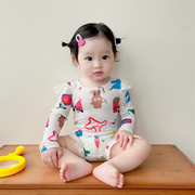 女童泳衣 0-6岁夏季韩国童装儿童满版卡通时尚连体游泳衣宝宝夏装