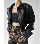 黑色短款pu皮衣外套女2024春季高级夹克港风设计感外套