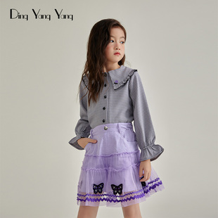 断码3件5折女童衬衫长袖法式小香风名媛紫色千鸟格玫瑰
