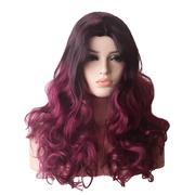 欧美玫瑰网黑紫色渐变整顶假发，女中分长卷发，假发波浪化纤头套外贸