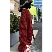 美式复古多口袋工装裤女春秋季设计感直筒拖地裤子红色运动阔腿裤