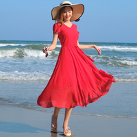 雪纺红色沙滩，裙v领短袖，大摆裙