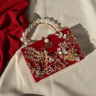 红包包结婚用国风手工包婚包手提新娘包丝绒旗袍包复古红宴会包