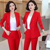 职业女裤套装秋冬韩版修身气质时尚红色，双排扣长袖小西装外套