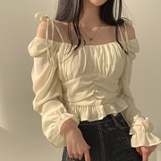 韩国chic春季法式复古一字，肩系带长袖，设计感小众短款衬衫雪纺上衣