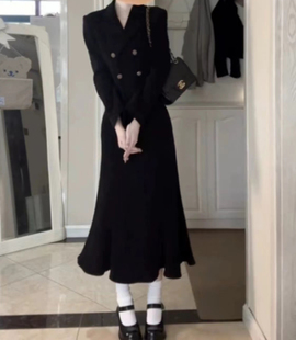 Crepe超长自制女装春季加长版170高个子女生黑色西装套装鱼尾裙
