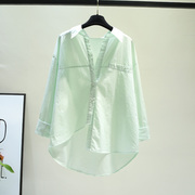 浅绿色设计感拼接长袖棉衬衫女春夏，韩系茶歇法式洋气漂亮醋酸上衣