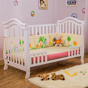 美式实木婴儿床可调节高度，宝宝bb多功能，儿童拼接大床环保无味白色