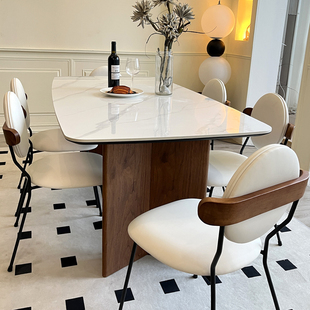 法式奶油复古黑胡桃色实木岩板餐桌椅组合侘寂风长方形小户型餐桌
