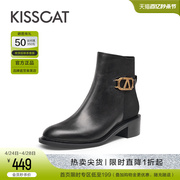 接吻猫靴子冬季金属k扣短靴加绒保暖真皮，中粗跟时装骑士靴女