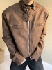 美式复古休闲做旧棕色机车皮衣，外套男小众设计感短款垫肩立领夹克