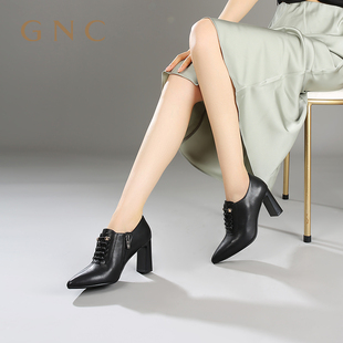 GNC门店时装靴雅致尖头羊皮裸靴秋季气质高跟鞋