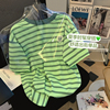 绿色条纹t恤女2022年夏季刺绣，老虎宽松休闲百搭纯棉短袖上衣
