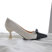 拼色米白色高跟鞋女2023蝴蝶结单鞋，女秋季设计感小众气质6cm