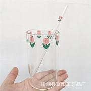 韩式复古高硼硅玻璃杯，彩色小花郁金香印花杯带吸管玻璃水杯