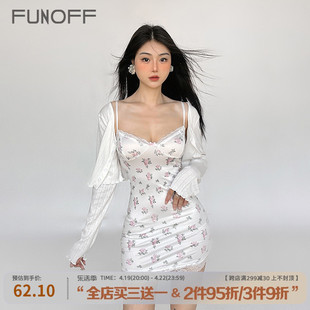 funoff法式bm风白色蕾丝，拼接碎花吊带裙辣妹低胸，修身包臀短裙女