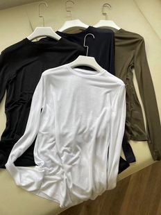 净色版4色进口莱赛尔弹力丝滑长袖短袖，女体恤套头圆领，欧美范上衣(范上衣)
