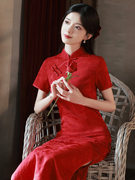 红色中式新娘订婚结婚旗袍敬酒服2023秋季年轻款少女连衣裙