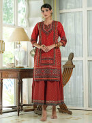 印度进口连衣裙民族风红色长裙丝绵2件套圆领长款七分袖
