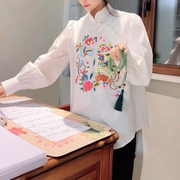 新中式国风绣花很仙的白色盘扣长袖上衣女早春款高级感超好看衬衫