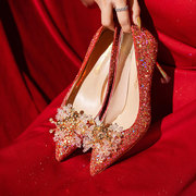 法式主婚纱婚鞋神器，高跟红色亮片水晶鞋细跟新娘，礼服旗袍结婚鞋子