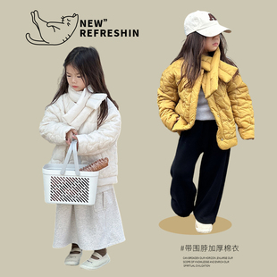 女童韩版加厚外套2023冬装宝宝，洋气时尚棉衣，儿童冬季保暖围脖棉袄