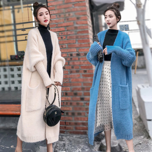 秋冬宽松仿水貂绒针织开衫女过膝毛衣外套中长款蝙蝠袖针织衫大衣
