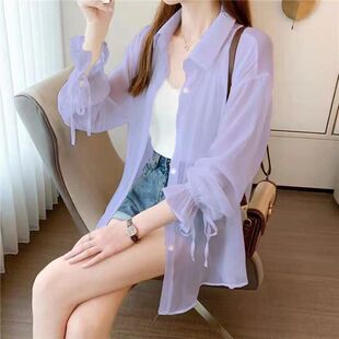 2025夏季新款雪纺防晒衬衫女薄款外搭开衫蝴蝶结长袖防晒衣