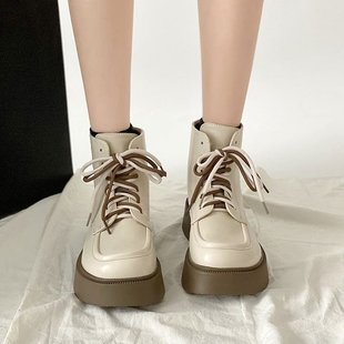 马丁靴女鞋2023年秋冬季英伦风女靴，靴子厚底白色加绒短靴