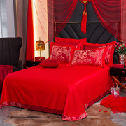 结婚四件套大红色婚嫁全棉贡缎被套，床单床上用品被子喜被婚庆床品