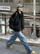 环保狐狸毛皮草(毛皮草)外套，女冬短款2023小个子，黑色显瘦时髦加厚毛毛大衣