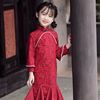 女童红色喜庆蕾丝鱼尾旗袍2023秋季时尚改良中国风儿童新年旗袍