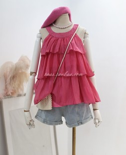 玫红色法式娃娃衫2023夏季女装，少女宽松荷叶，边拼接上衣无袖雪纺衫