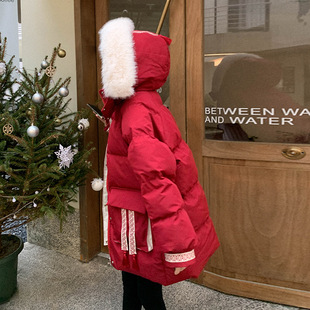 大毛领红色羽绒棉衣棉服，女冬季外套，加厚2023今年流行洋气棉袄