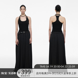 firstfloor黑色假两件垂感连衣裙，背心腰带连体收腰长裙