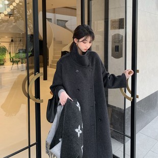 三只小山羊立领双面羊绒大衣女深灰色秋冬双排扣高级感羊毛外套中