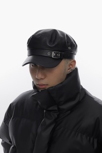 韩国小众设计师黑色贝雷帽PU皮质高级感英伦八角帽辣妹潮男海军帽