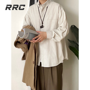 rrc秋日系复古浅色，条纹长袖衬衫男女生，学院风宽松衬衣外套