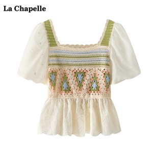 拉夏贝尔lachapelle法式镂空方领衬衫女夏小个子泡泡袖小衫上衣