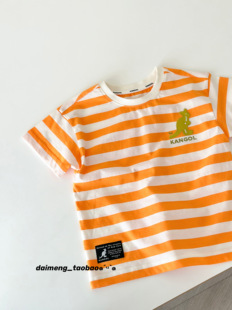 100-150码出口韩夏款男女童中性薄软吸汗圆领橘色条纹拼色短袖T恤