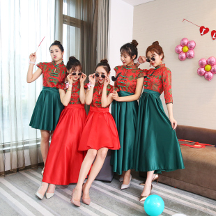伴娘服中式中国风结婚礼服女姐妹，团小个子学生合唱朗诵毕业连衣裙