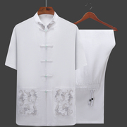 中老年男士唐装薄棉麻短袖套装夏季宽松版中国风中式立领刺绣衬衣