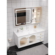 奶油风实木浴室柜镜柜组合卫生间一体陶瓷盆洗漱台脸盆柜定制尺寸