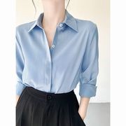 法式浅蓝色垂感衬衫女秋季设计感小众衬衣，通勤职业宽松上衣黑色寸